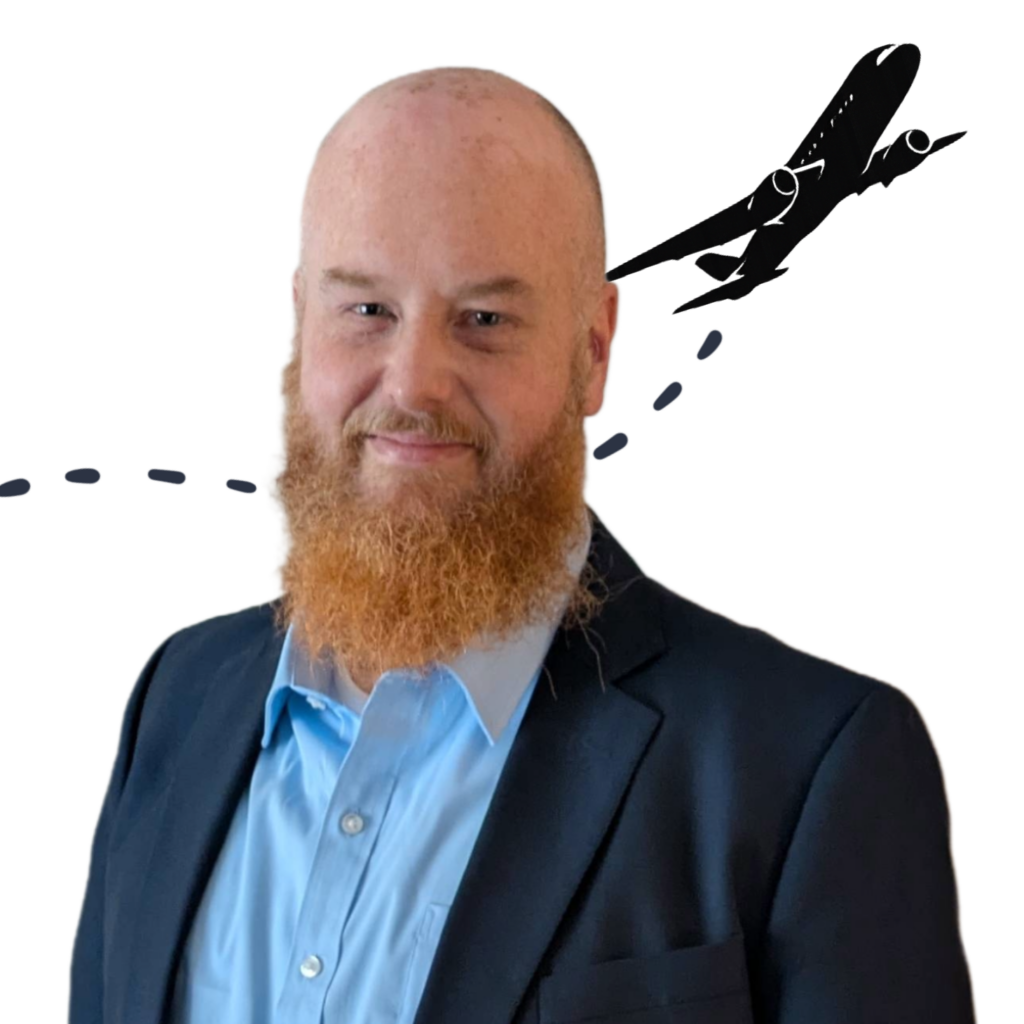 Scott Dills' portrait with an airplane silhouette flying behind him.